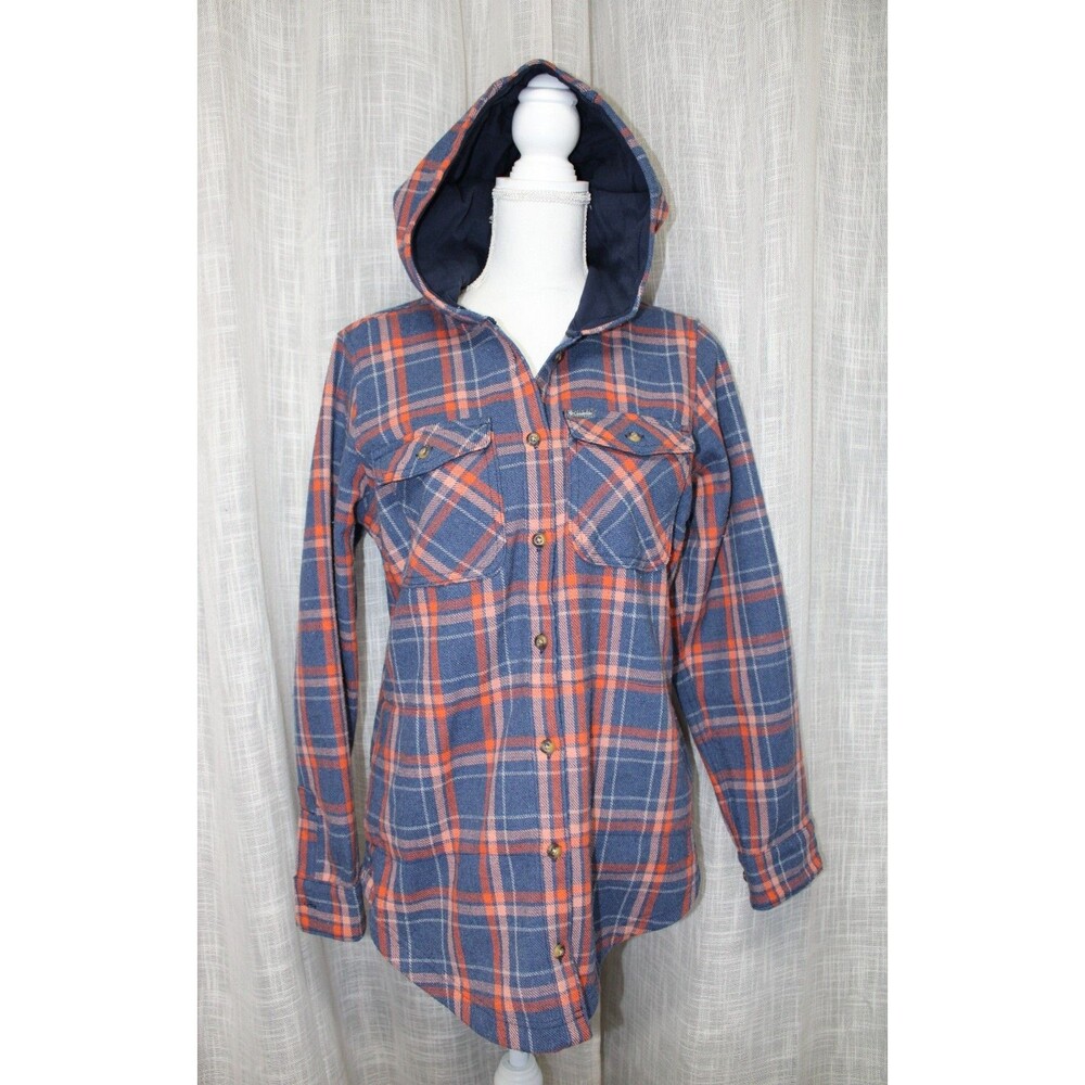 Columbia Womens orange/blue plaid hooded jacket/shirt workwear/outdoors M